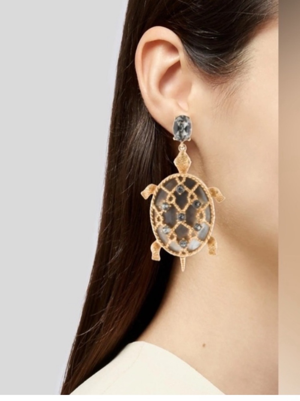 Oscar de la Renta Mother of Pearl & Crystal Turtle Clip Earrings